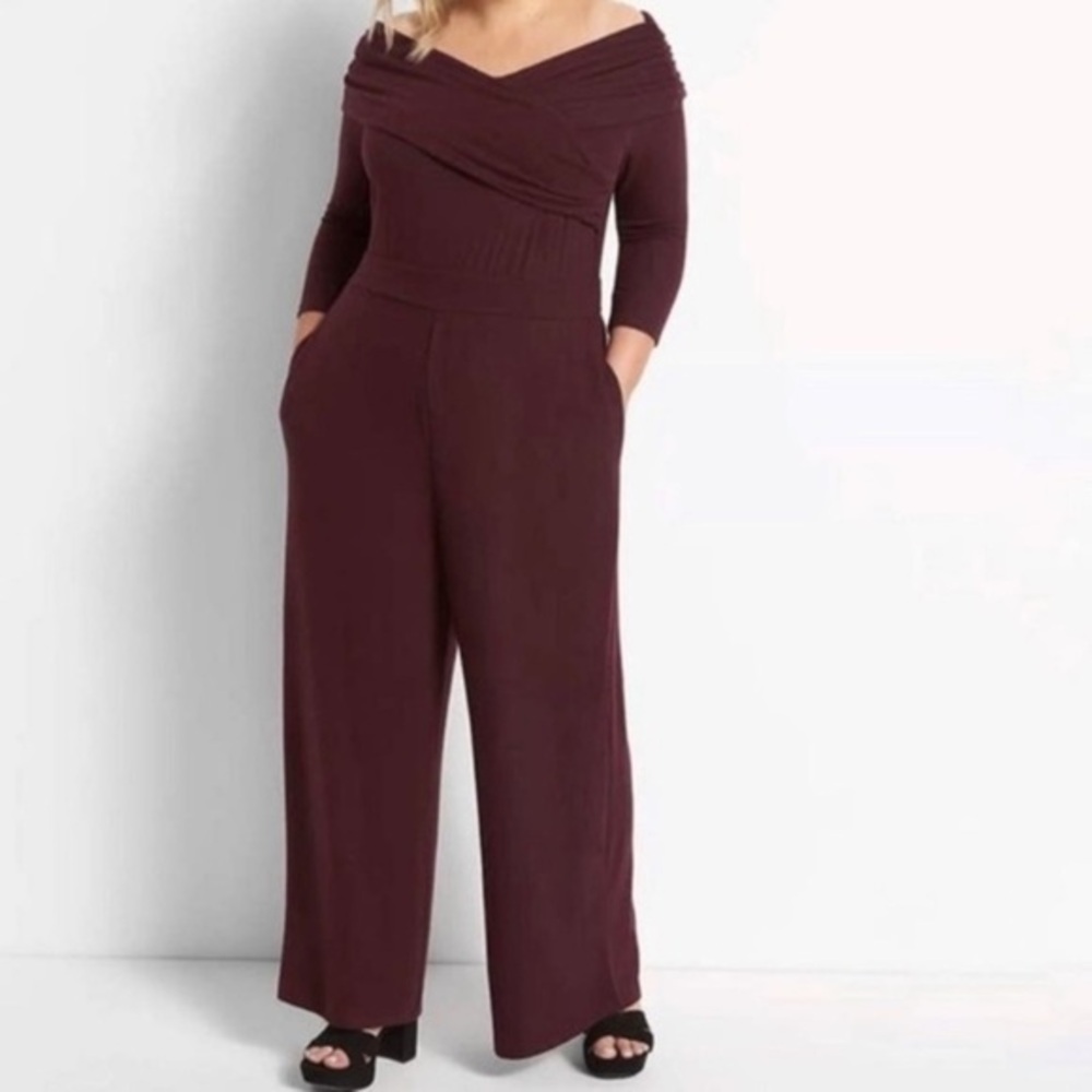 Lane Bryant Off-The-Shoulder Crossover Jumpsuit Size 14 - 16 wide leg Pockets